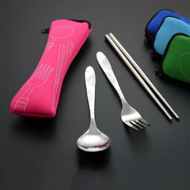 Outdoor 3 pcs/set Stainless Steel Portable Tableware Camping Bag Picnic