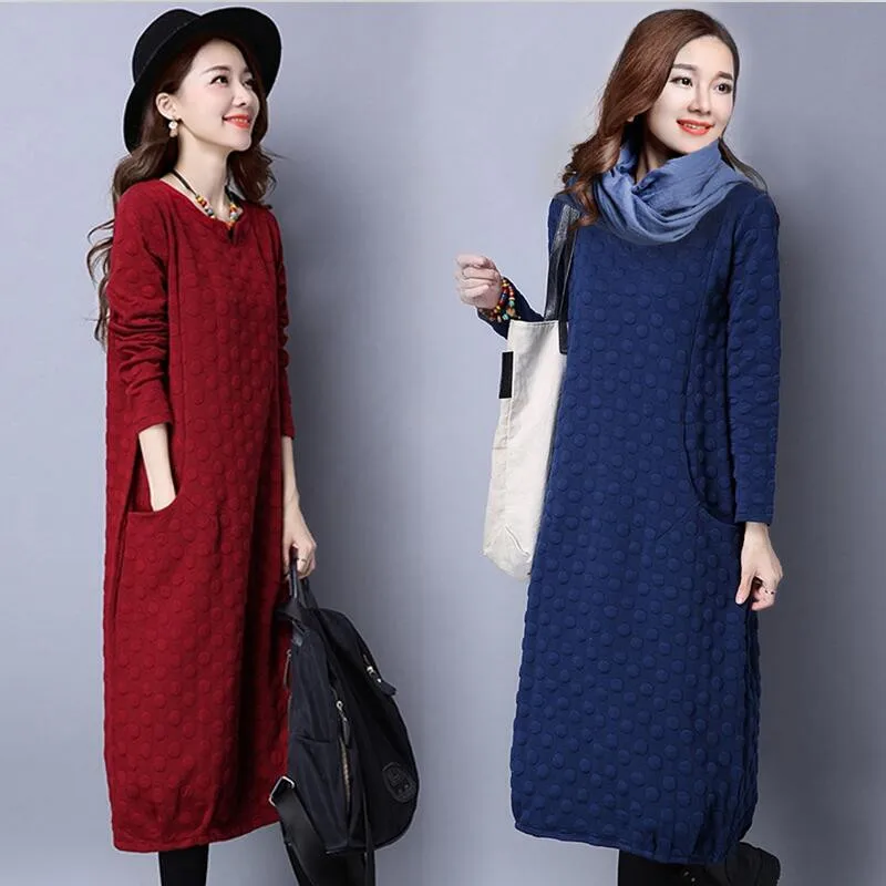 

2019 Autumn Winter Fashion Korean Style Women Casual Dress Long Sleeve With Pockets Big Size Bottom Dress Vestidos
