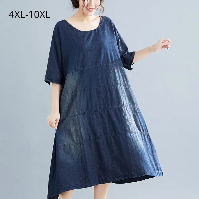 

Women Plus Size Short Sleeves Summer Denim Dresses Female Basic Calf Length Loose Jeans Tops Vestidos Talla Grande Mujer Casual