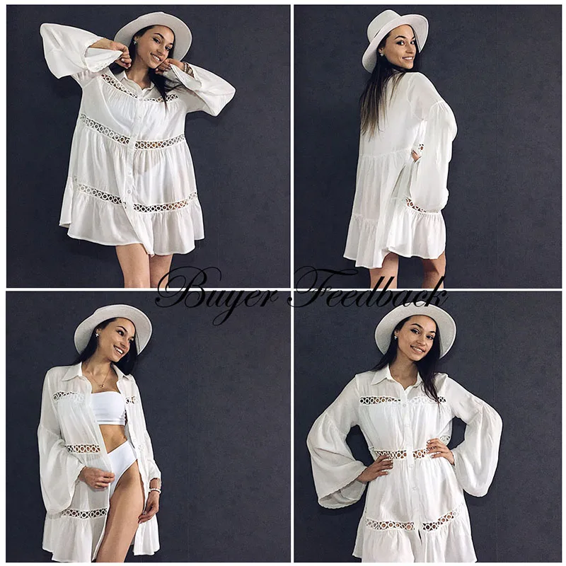 

Kyncilor beach skirt lace hollow Crochet sunscreen shirt lace hollow Crochet horn sleeve beach outfit waist bikini jacket