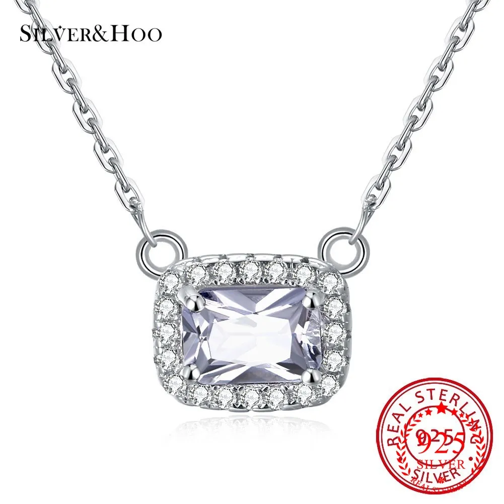 

SILVERHOO Authentic S925 Real Sterling Silver Korean Fashion Necklace Square Zircon Sterling Silver Necklace Jewelry925 Gift