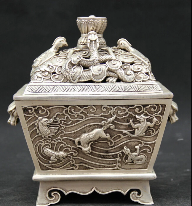

61 8" Marked China Dynasty Silver Dragon Phoenix Bird Beast Incense Burner Censer Discount 35%