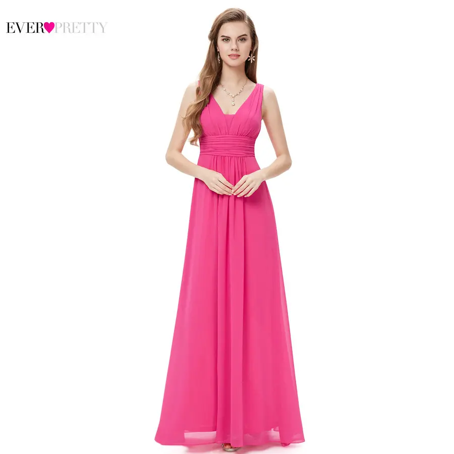 Robe De Soiree вечерние платья Ever Pretty EB20118 элегантные длинные свадебные вечерние платья с глубоким v-образным вырезом и рюшами - Цвет: Hot Pink