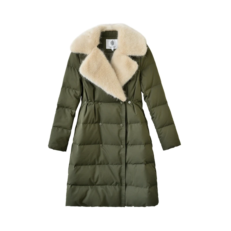 Dabuwawa Turn Down Collar Fur Winter Women Long Coat White Duck Down Green Pink Thick Warm Outerwear Down Jacket Streetwear