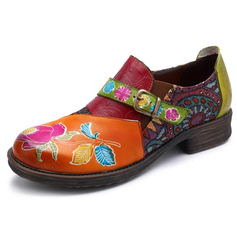 

Vintage Sandals Flowers Pattern Splicing Genuine Leather Stitching Hook Loop Slip On Sandals Elegant Shoes Women 2019
