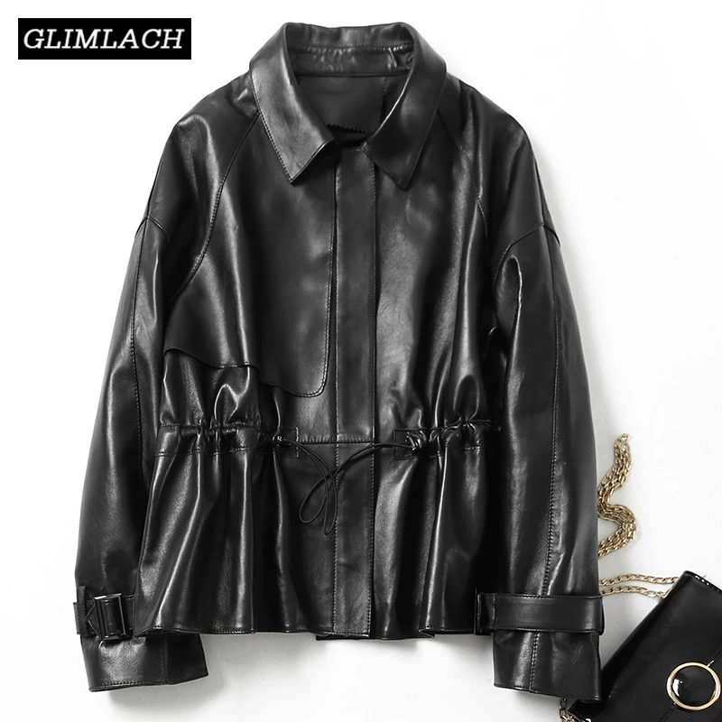 

Luxury Sheepskin Oversize Loose Drawstring Genuine Leather Jacket Women Fashion Casual Designer Long Sleeve Real Leather Coats