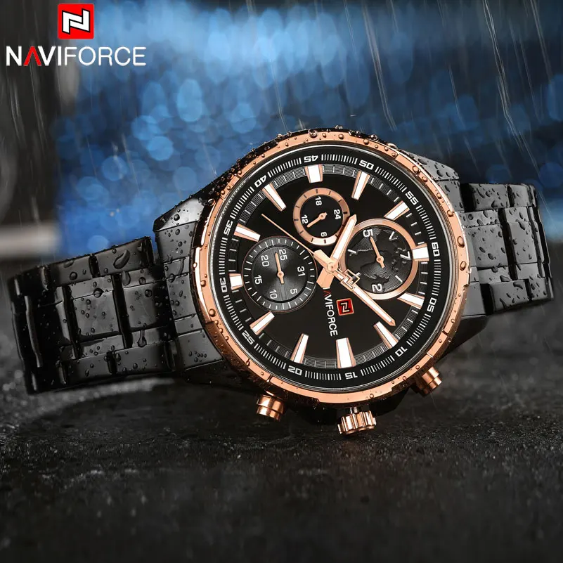 Мужские водонепроницаемые спортивные часы NAVIFORCE кварцевые из нержавеющей стали