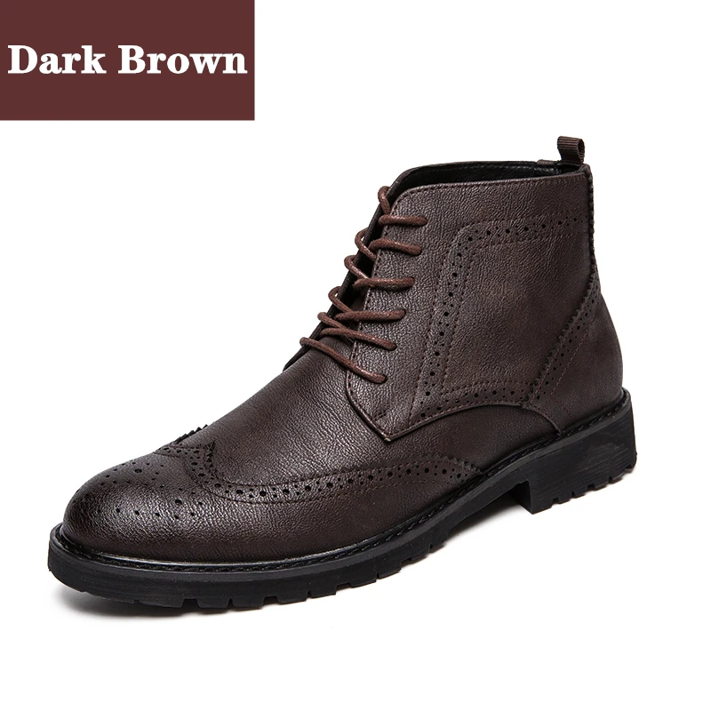 Misalwa/Высокие Мужские ботинки в ретро-стиле с перфорацией типа «броги»; повседневные ботинки в британском стиле; сезон весна-осень; Мужские классические ботинки из искусственной кожи; - Color: Dark Brown