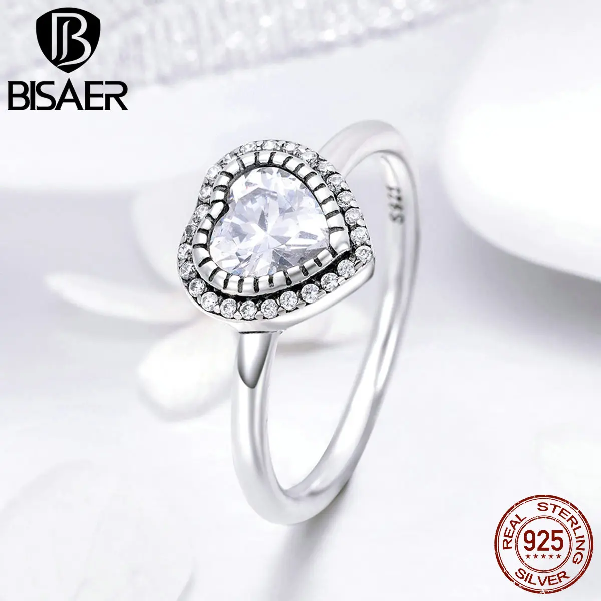 

BISAER Wedding Ring 925 Sterling Silver Crystal Heart Love Rings for Women Heart Forever Finger Ring Engagement Jewelry ECR423