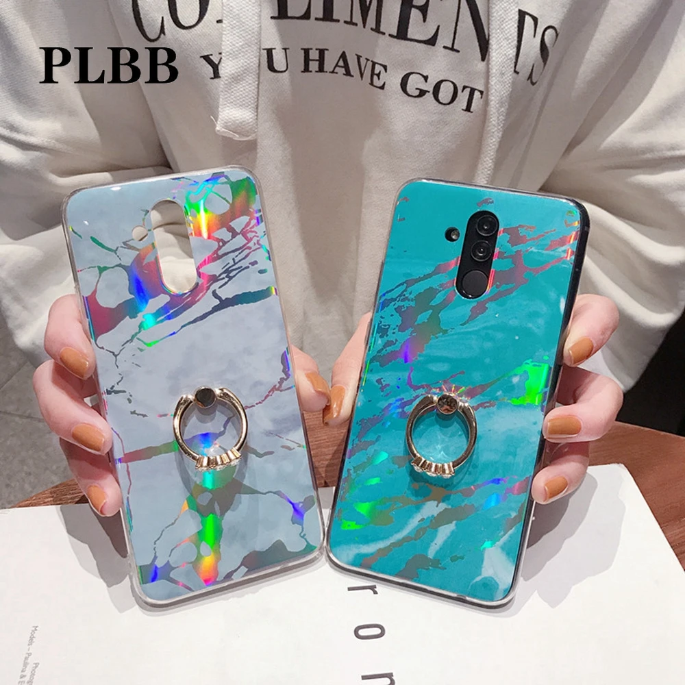 

PLBB Laser Marble Phone Case Cover for Huawei P20 Pro Nova 3i 2S 3e Mate 20 Lite Y5 Y6 Y7 2018 Honor 10 with Diamond Finger Ring