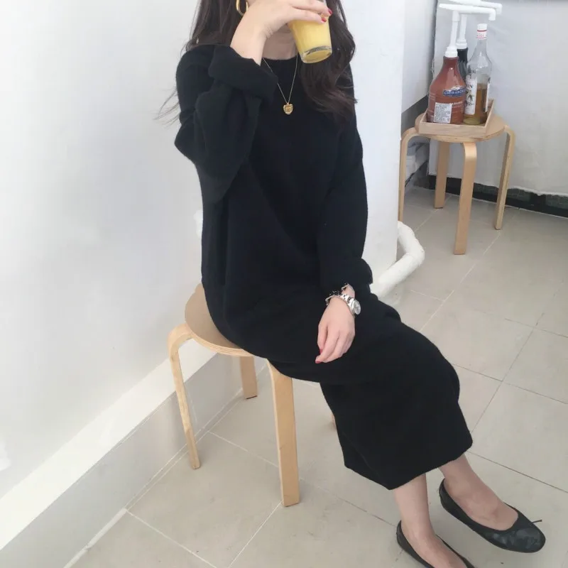  Women autumn Winter Long Sweater Dress Female Long Sleeve Straight oversized Knitted dresses round 