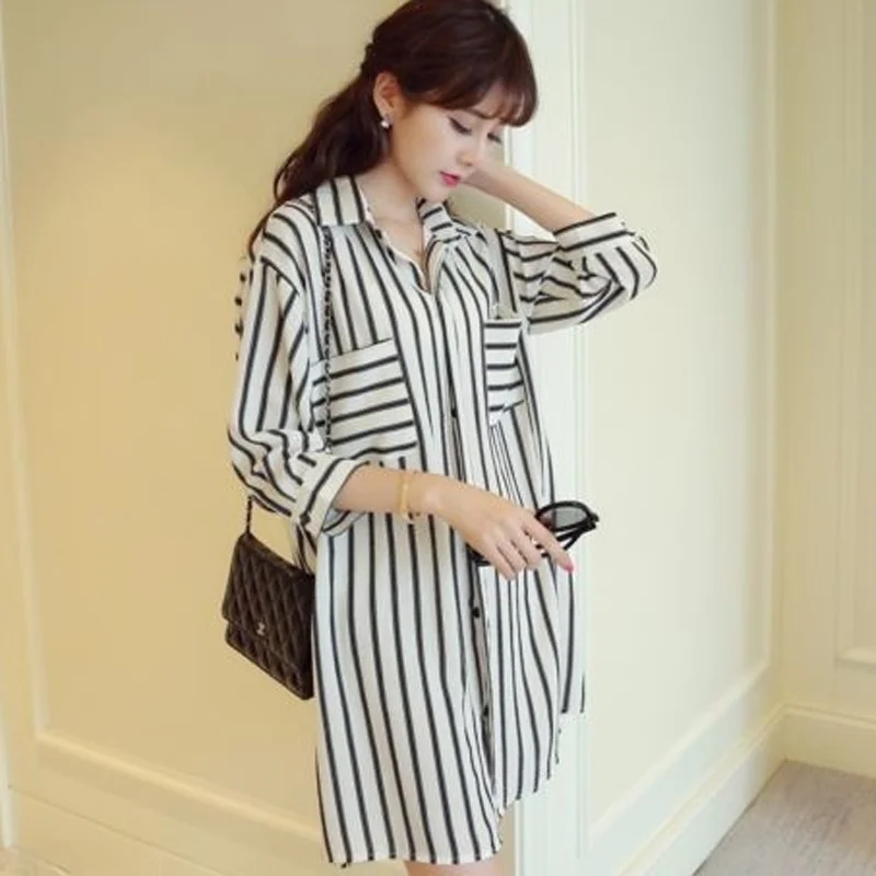 

2017 Plus Sizes Ladies OL Csaual Turndown Collar 3/4 Sleeve Striped Long Tops Shirt Blouse White Black
