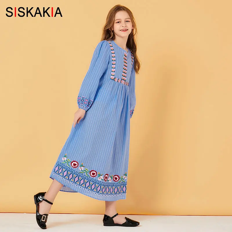 Mother and Daughter striped Embroidery Long Dress Muslim Parent Child Girl Casual Dresses Long Sleeve Plus Size Autumn Blue