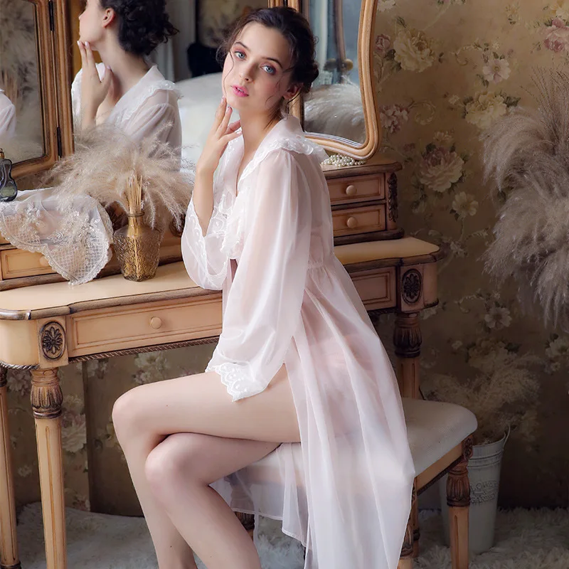 

Autumn Women's Long Sleeve Lace Court Sleeping Skirt Retro Nightdress Elegant Romantic Princess Sexy Silk Night Dress Sleepwear