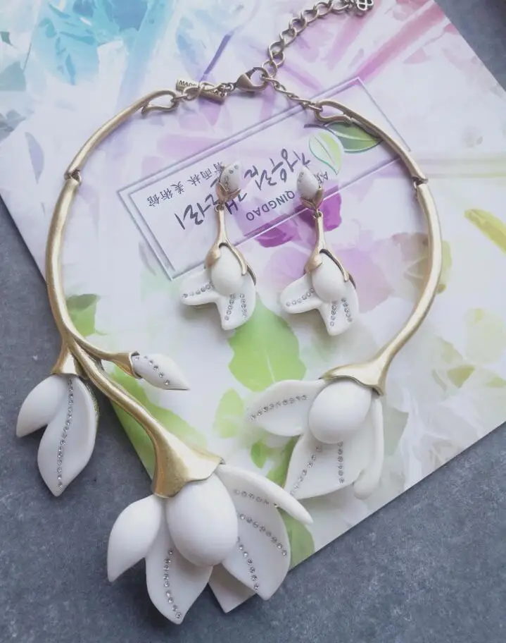 CSxjd винтажный дизайн цветок магнолии ожерелье серьги роскошный комплект ювелирных изделий