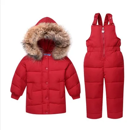 Для русской зимы с уточкой для пуховое пальто+ комбинезон для маленьких девочек; детская верхняя одежда для мальчиков ясельного возраста, костюм Джона Сноу Bebe капюшон из натурального меха - Цвет: Красный