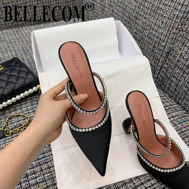 

BELLECOM New 2019 summer high-end goddess star pointy diamond silk satin stiletto pumps with a shallow slit