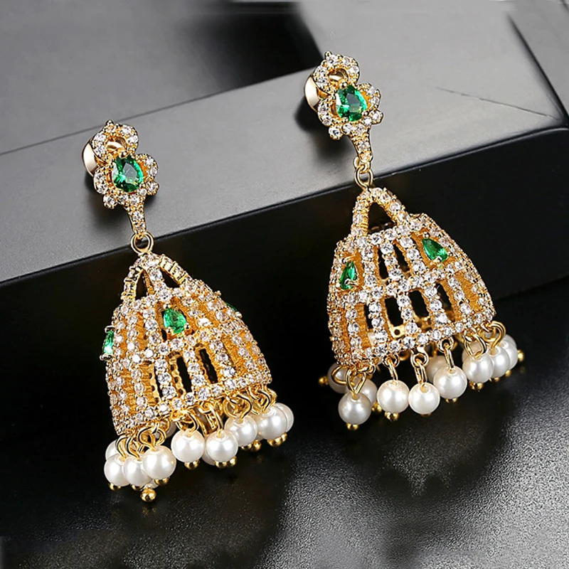 

Dazz Luxury Dangle Earrings Bell Green Zircon Pearl Gold Color Jewelry For Bride African Women Wedding Banquet Accessories Gifts