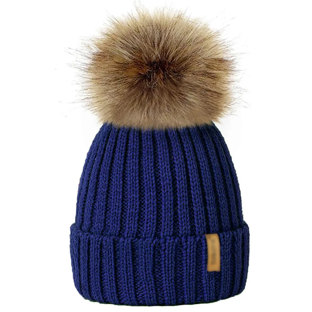 baby hats fur pompom knitted beanie cap for kids winter fur pom