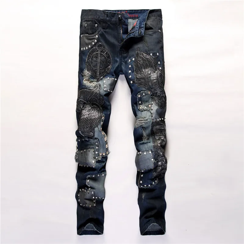 

Owl Embroidery Ripped Denim Pant Knee Hole Zipper Motocycle Biker Jeans Men Slim Skinny Destroyed Torn Jean Pants Hip-Hop 809#