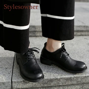 

Stylesowner Do Old Leather Lady Shoe 4cm Med Chunky Heel Round Toe Black Red Lace Up Loafers Oxfords Casual Retro Fashion Shoe