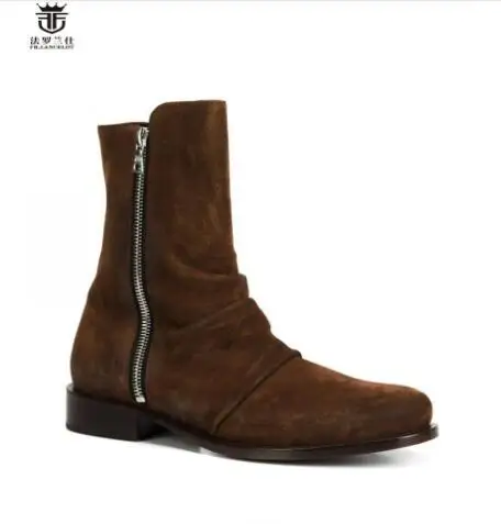 Fr.Lancelot Pleated Luxury Suede 3 Colors Men Boots Ankle Short Booties Low Heel Square Heel Shoes Men Trainers Chelsea Zip