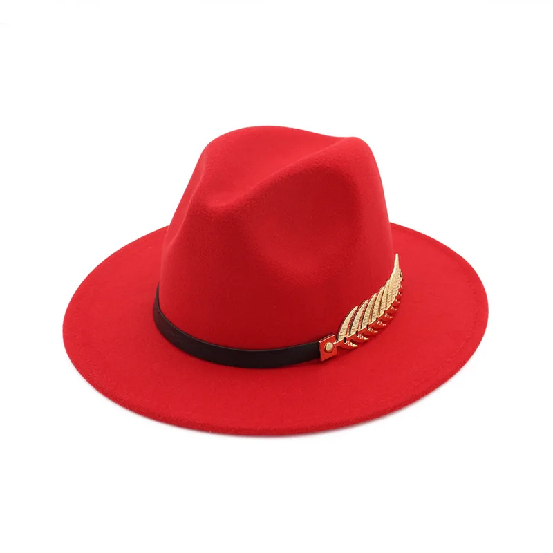 Шерстяная фетровая шляпа, Панама, джазовые фетровые шляпы с металлическим листком, плоские поля, для официальных вечеринок и сцены, верхняя шляпа для женщин, мужчин, унисекс - Цвет: Red