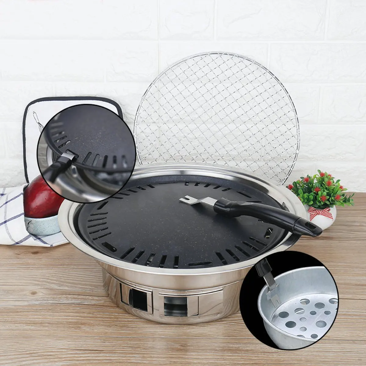  35cm Nonstick Charcoal BBQ Grill Korean Style Camping Pit Steak Barbecue Stove Set Stainless Steel  - 4000020250216
