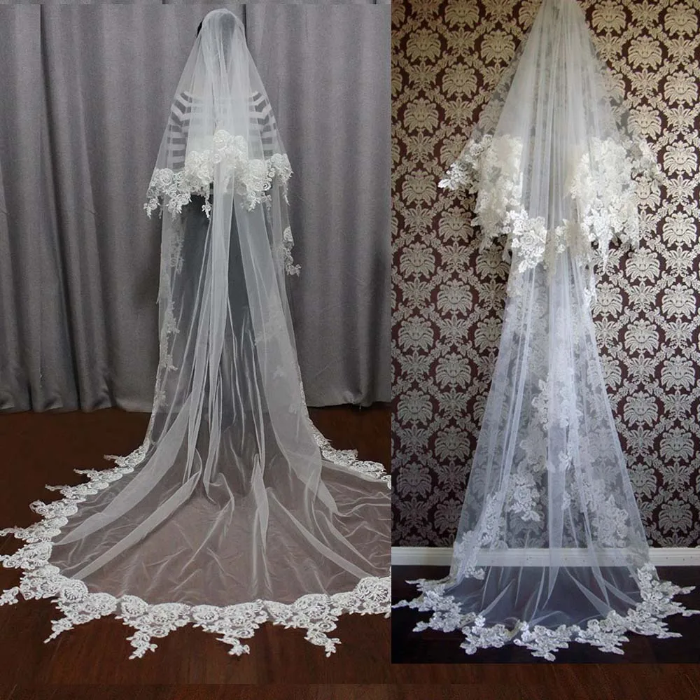 

New Arrival Lace Edge Wedding Veil 2 Layers Long White Ivory Soft Tulle Bridal Veil with Blusher Comb Wedding Accessories