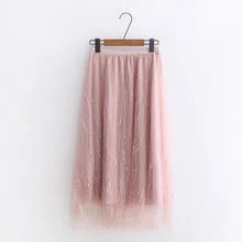 Однотонная длинная юбка с высокой талией розового, серого и черного цвета весна-лето, новая модная вуаль, Женская плиссированная юбка с бисером