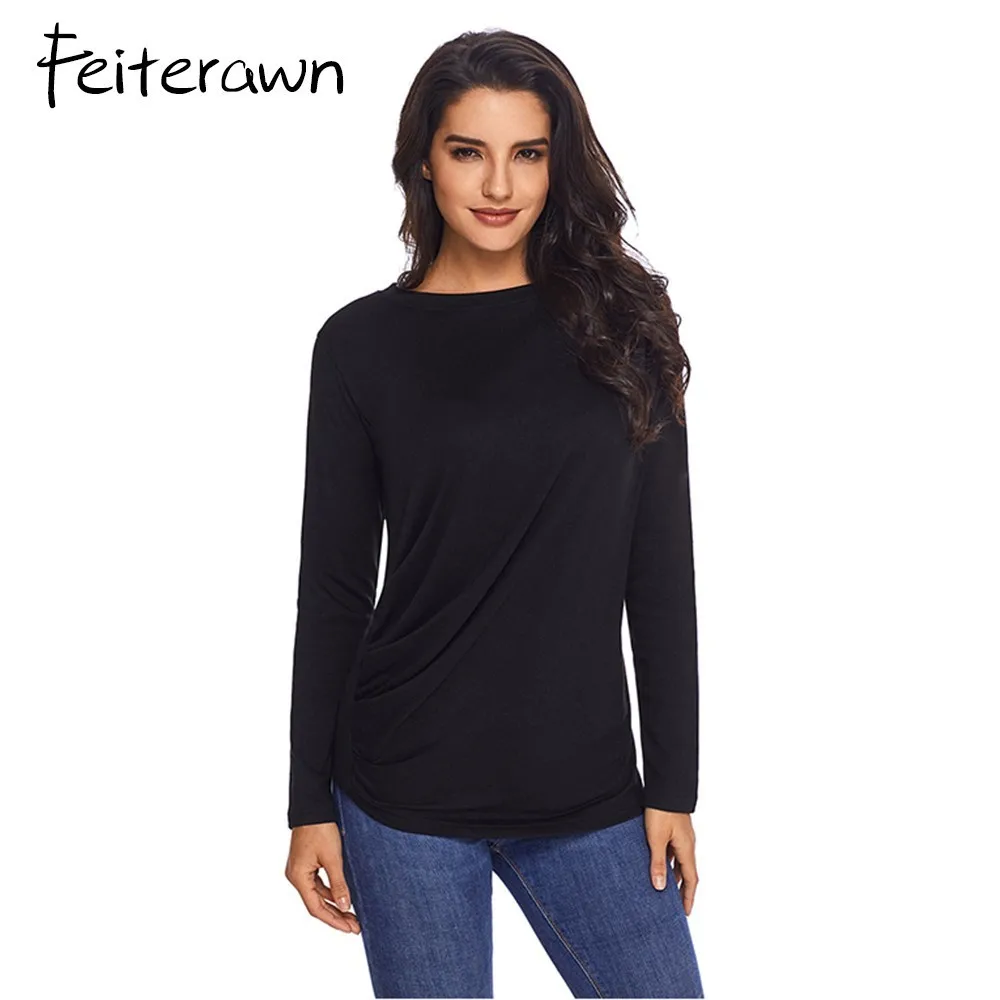 Feitearwn Ladies Spring Autumn Casual Tops Draped Round