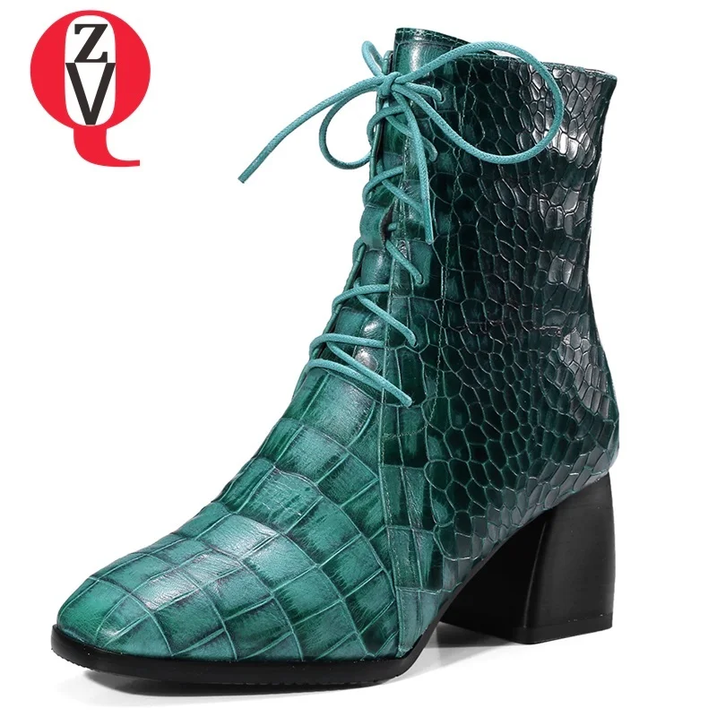 

ZVQ high quality newest square toe genuine leather zipper high square heel cross-tied black and blue ankle boots free shipping