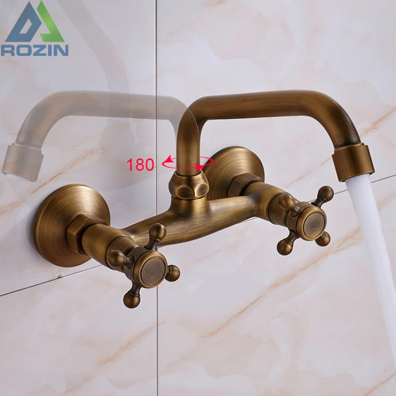 

Antique Brass Kitchen Sink Faucet 360 Swivel Spout Hot and cold Bathroom Kitchen Mixer Crane Mop Pool Taps Dual Handle Faucet