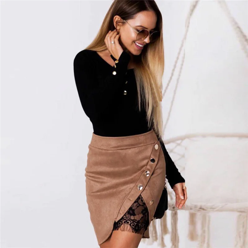 New fashion Women Ladies High Waist Pencil Skirts button lace patchwork sexy Bodycon Suede Leather split party casual Mini Skirt