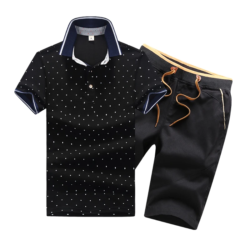 Летняя мужская рубашка поло с коротким рукавом, поло в горошек+ шорты, мужской костюм из Джерси, дышащий комплект из 2 предметов, топ и шорты, спортивные костюмы для мужчин