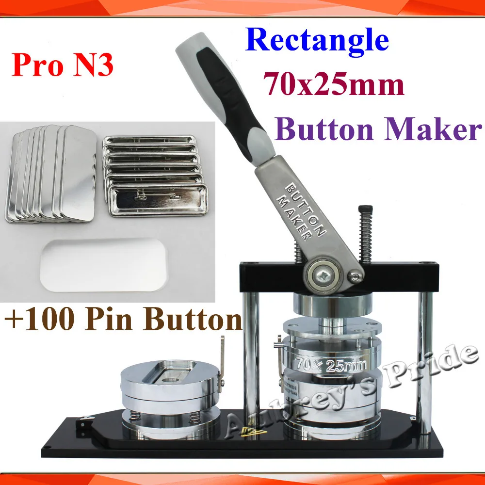 Pro N3 NEW  Rectangle 70x25mm Badge Button Maker Machine +100 Set Metal Pinback  Button Supply