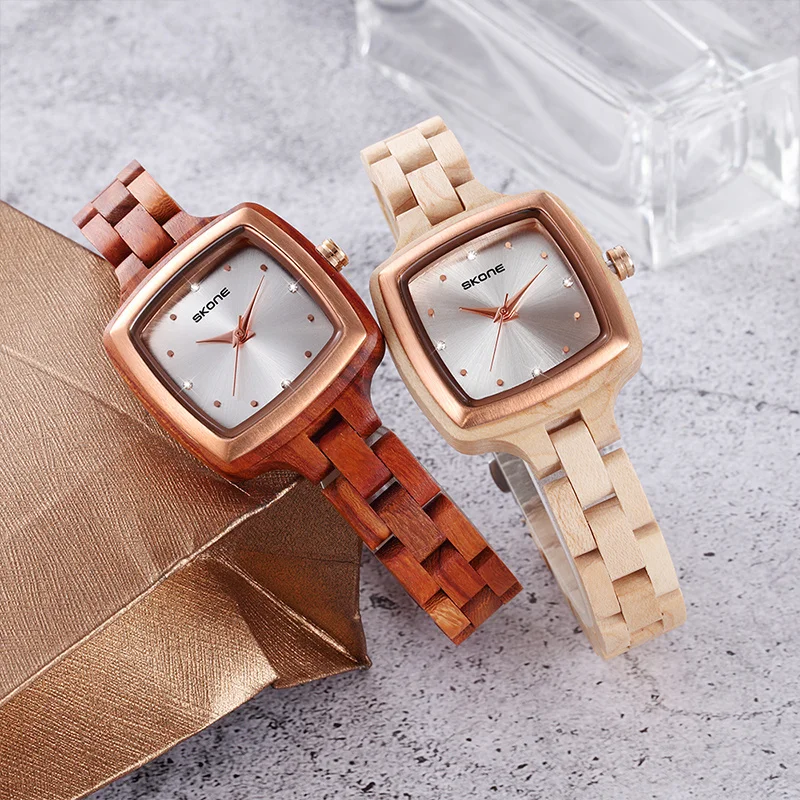 SKONE квадратном деревянном часы минималистский простой Для женщин наручные часы Элитный бренд дамы деревянные платье часы relogio feminino