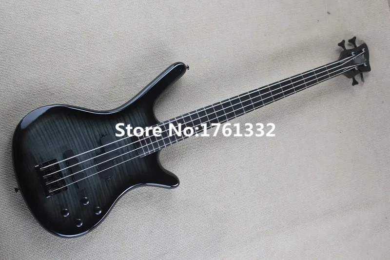 

Factory custom 24 frets 4 strings black electric bass with black hardware,flame maple veneer,can be changed as request