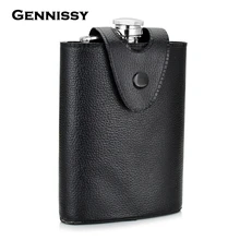 GENNISSY Extraíble Funda de Cuero Negro Hebilla Hombres Al Aire Libre Portable Petaca 8 OZ de Acero Inoxidable Petaca Jarras de Whisky Botella de Vino