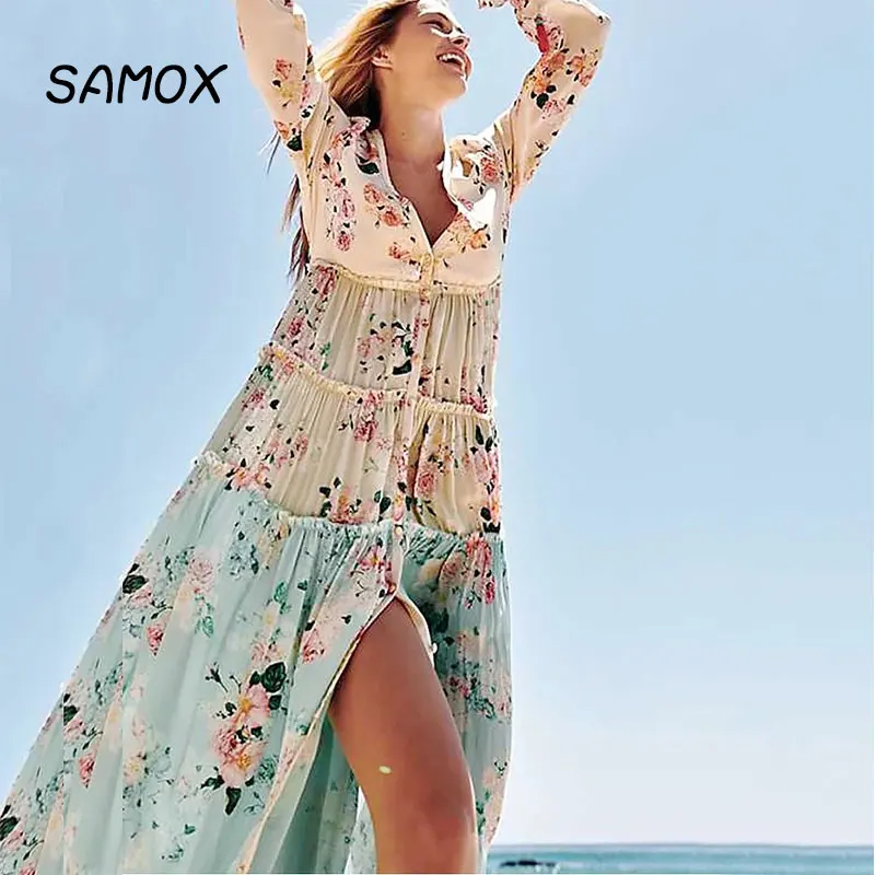 

JSMY 2019 New Summer Fashion Women Bohemian Style Splice Botton Beach Holiday Sunscreen Dress