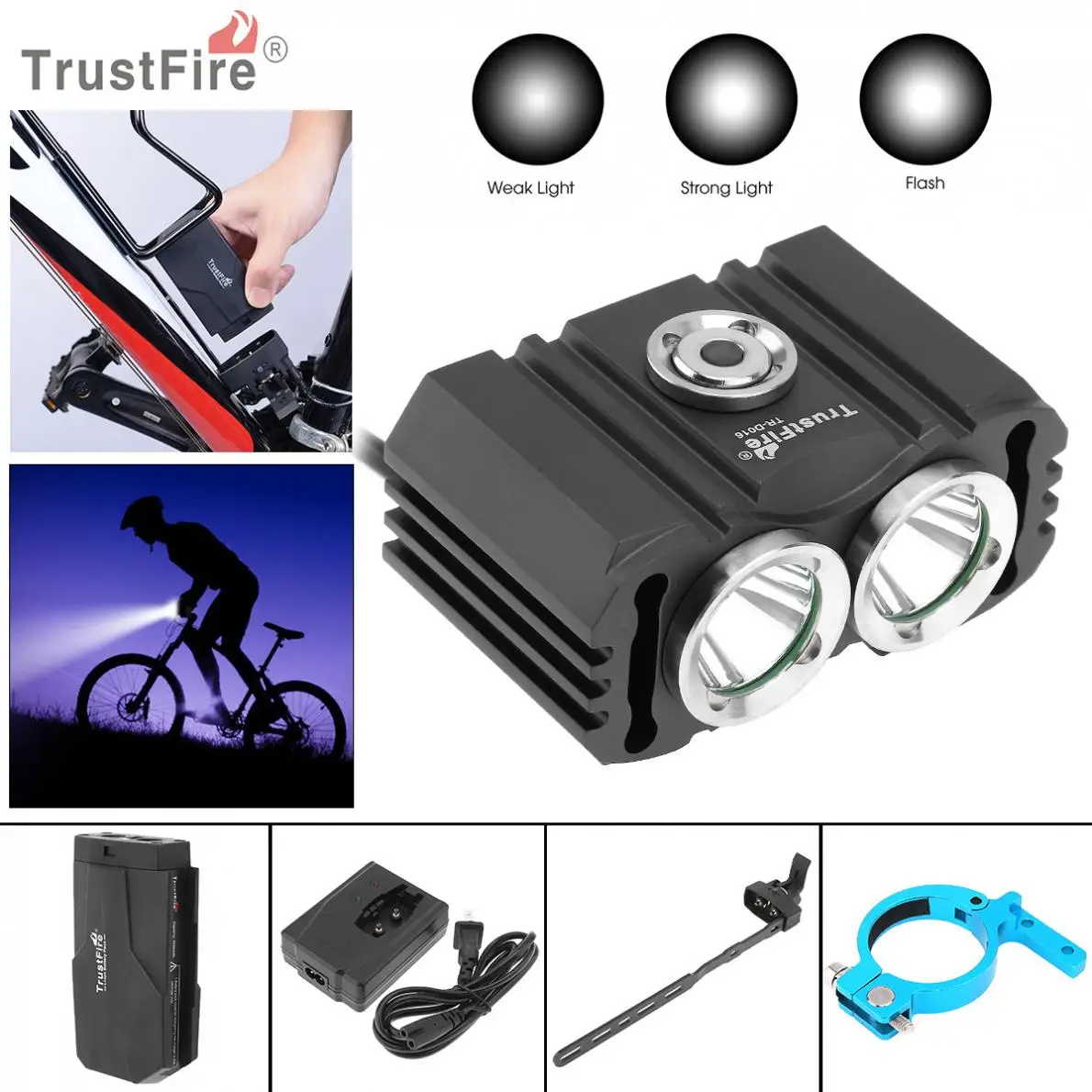 

3000LM TrustFire 3 Modes D016 2x XM-L2 LED 4.2V Bicycle Head Light with 6200mAh Battery Pack Kits Special for Bicycle Light