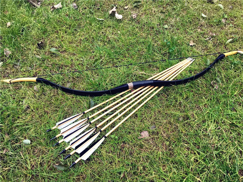 20lb-60lb Black Longbow Traditional Archery Hunting Hand-made Recurve Bow Horse Longbow+6 Wooden Arrows