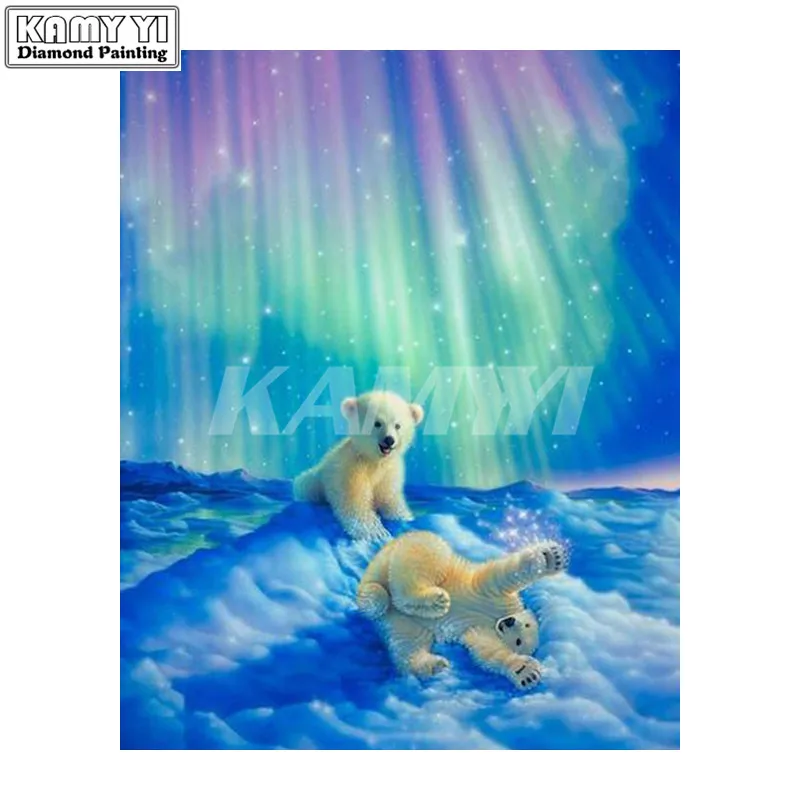 3d Full Diamond Embroidery Home Decor Diamonds Mosaic Painting Pasted Pictures Square Drill Northern Lights Baby polar bear_