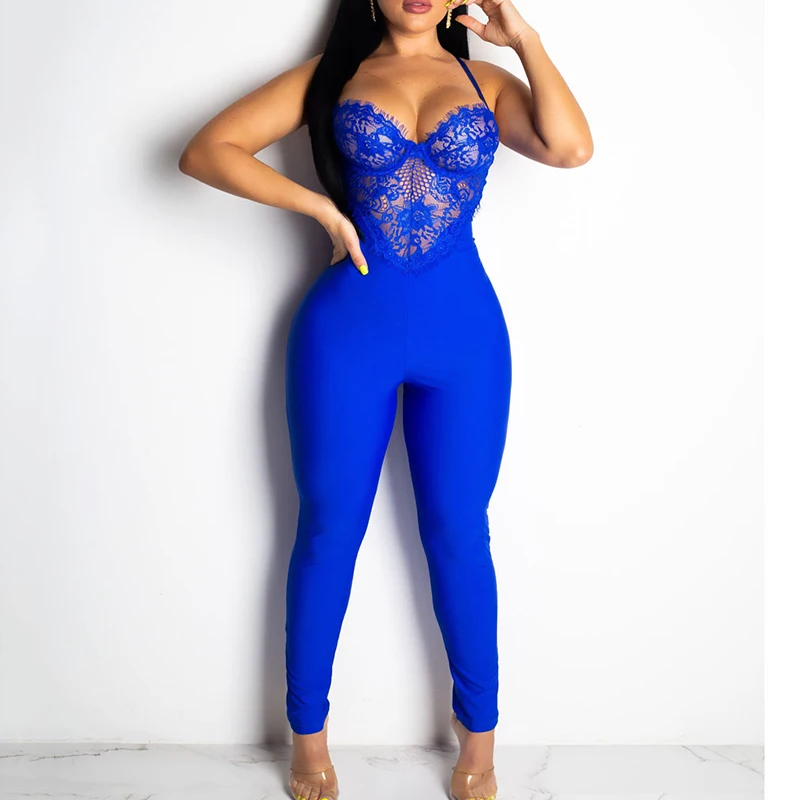 

Spaghetti strap sexy lace bodysuit Women backless eyelish detail bodycon summer jumpsuit Sleeveless club overalls for women