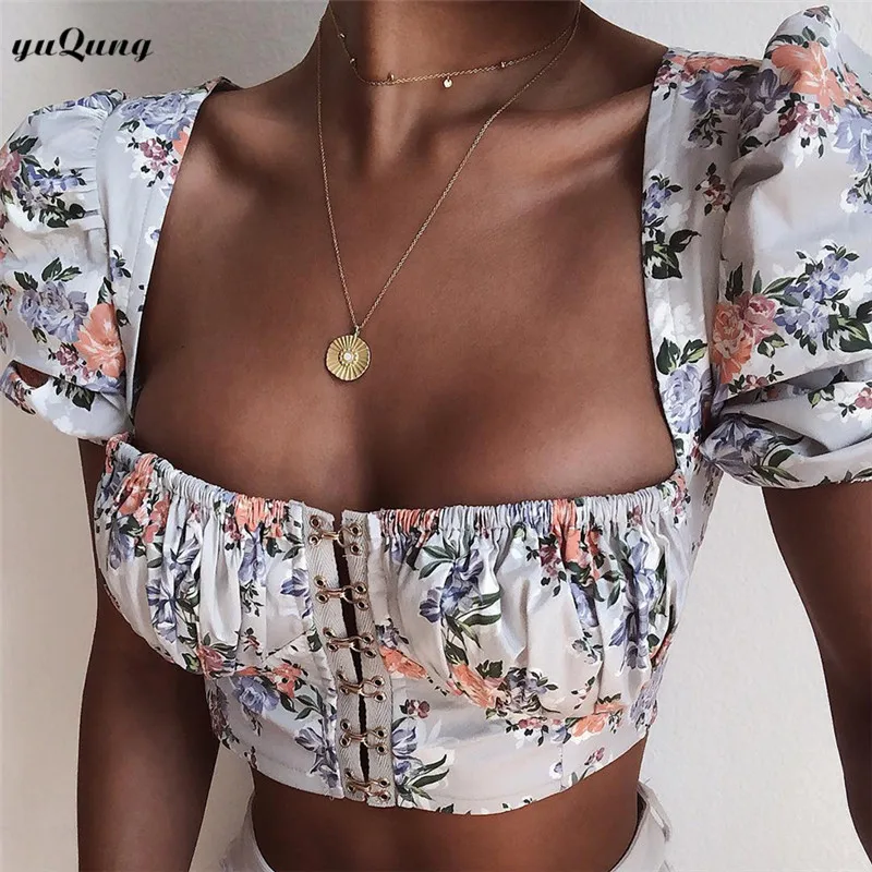 

yuqung Womens floral print Crop Top vintage princess puff sleeve hooks Top Vest T-Shirt Camis Summer short shirt Tops