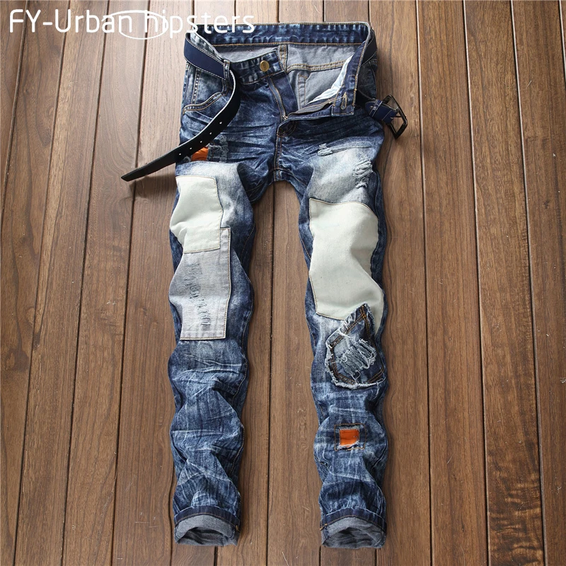 mens 2018 fashion black ripped cal a jeans slim masculina patch vintage ...