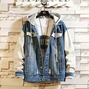 

Men's fashion brand high quality plus-size hooded jacket/men's youth coat/men's fashion patchwork loose blue jacket