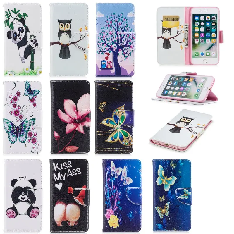Leather Phone Cases for iPhone 7 7Plus Wallet Cover Cute Animals Owl Panda Ass Bamboo Flower Case Etui iPhone7 Plus Hoesjes | Мобильные