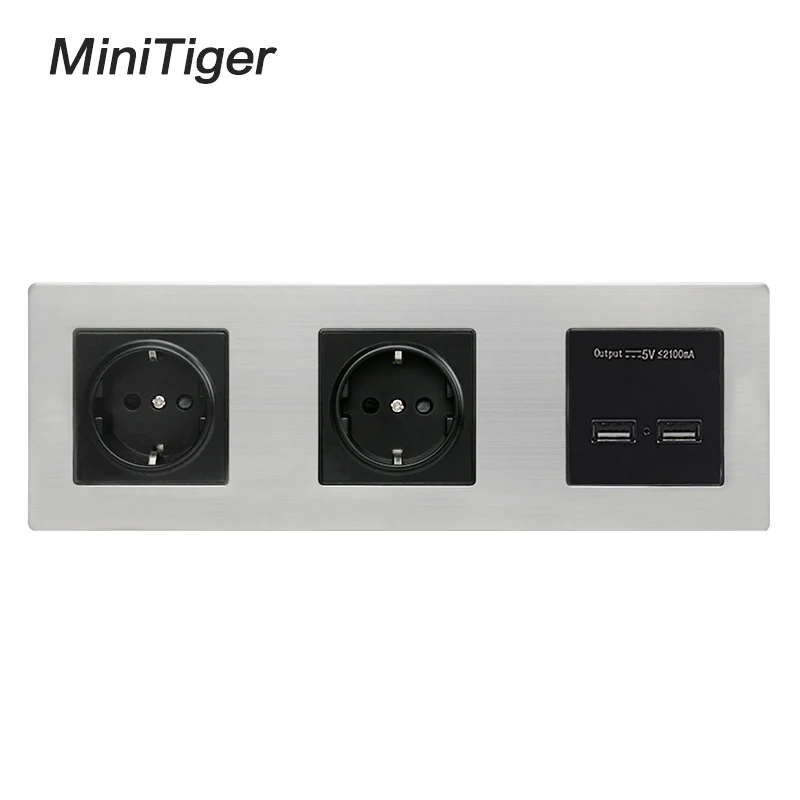 Minitiger EU Standard Wall Stainless Steel Panel Double Socket 16A Electrical Outlet Dual USB Smart Charging Port 5V 2A Output