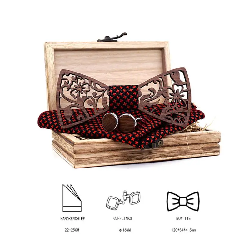  Mens 1 Set Wooden bow Tie Set Men Handkerchief wood Bowtie Cufflinks Necktie Silk Ties For Business